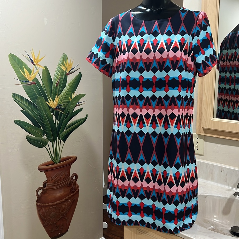 J.Crew Short Sleeve Shift Dress Blue Geo Print Size 4